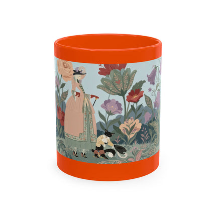 🐈🥾 The Lady & Puss In Boots In The Flower Garden Ceramic Mug – Art Deco Storybook Whimsy