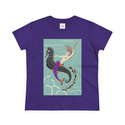 Mermaid on Seahorse Women's Midweight Cotton Tee – Dreamy Ocean Fantasy