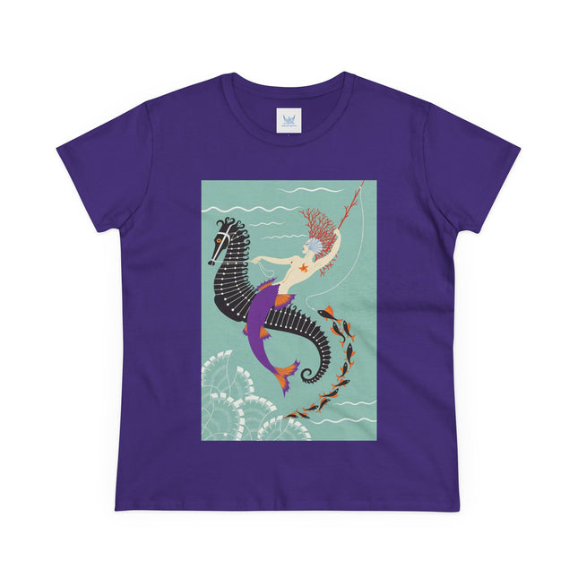 Mermaid on Seahorse Women's Midweight Cotton Tee – Dreamy Ocean Fantasy