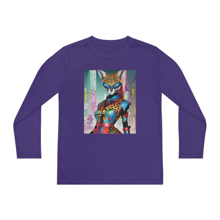Cyber Cat Glamour Youth Long Sleeve Competitor Tee – Neon Elegance & Futuristic Style