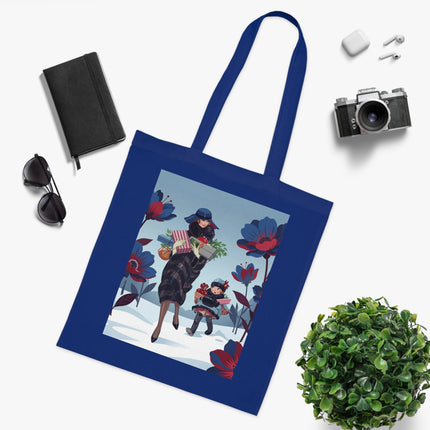 🎁🌺 The Christmas Gift Garden Stroll Cotton Tote Bag – Art Deco Holiday Elegance