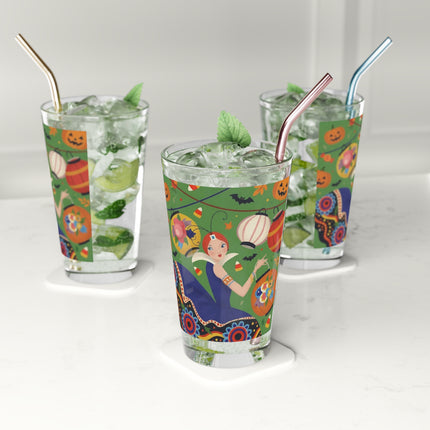 🏮🎃 The Lady Of Halloween Lanterns Glass, 16oz – Colorful Art Deco Halloween Charm
