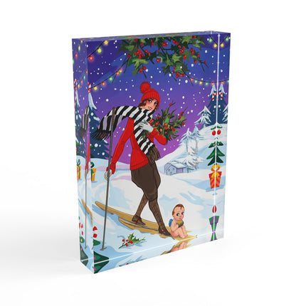🎿🎄 The Christmas Holly Skier Acrylic Art Block – Whimsical Holiday Fantasy