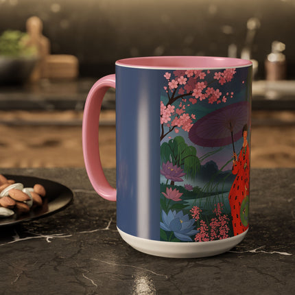 The Lady Of The Cherry Blossoms Colorful Mugs – Art Deco Spring Elegance