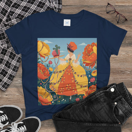 🧡🌼 The Golden Flower Promenade Cotton Tee – Art Deco Floral Elegance