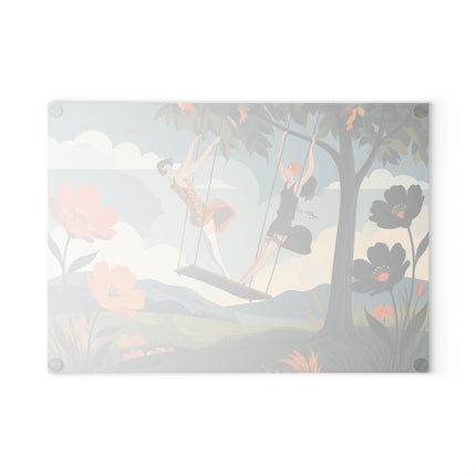 🌳🧡 The Ladies Of The Autumn Swing Glass Cutting Board – Art Deco Woodland Whimsy