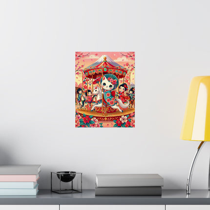 🎠🌸 Geisha Kitten's Enchanted Carousel Ride Matte Vertical Poster – Whimsical Dreams & Cherry Blossom Magic