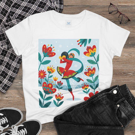 ⛸️🌺 The Winter Flower Skater Cotton Tee – Whimsical Winter Fashion