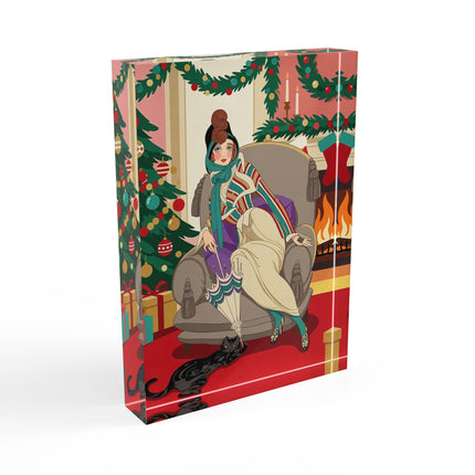 🖤🔥 The Lady Of The Christmas Hearth Acrylic Art Block – Art Deco Holiday Elegance