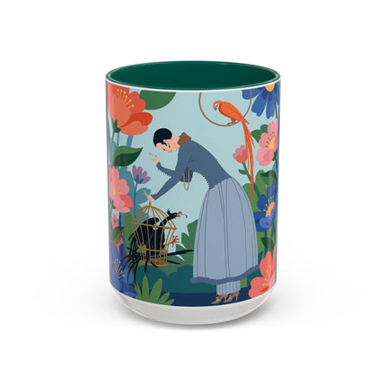 The Lady And The Mysterious Bird Colorful Mugs – Art Deco Botanical Mystery