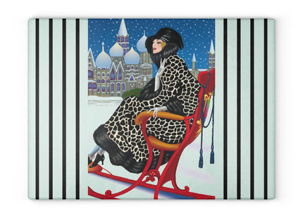 Elegant Winter Woman in Sleigh Glass Cutting Board