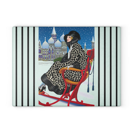 Elegant Winter Woman in Sleigh Glass Cutting Board