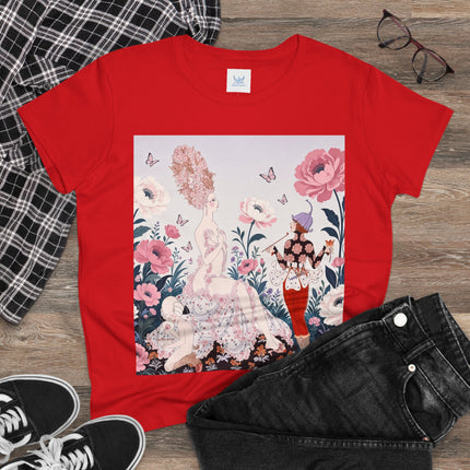 🌸🦋 The Enchanted Rose Garden Encounter Cotton Tee – Art Deco Floral Whimsy