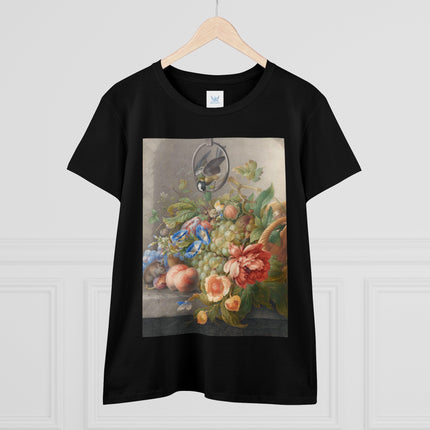 Still Life With Flowers, Fruit, A Great Tit And A Mouse by Herman Henstenburgh Women's Midweight Cotton Tee