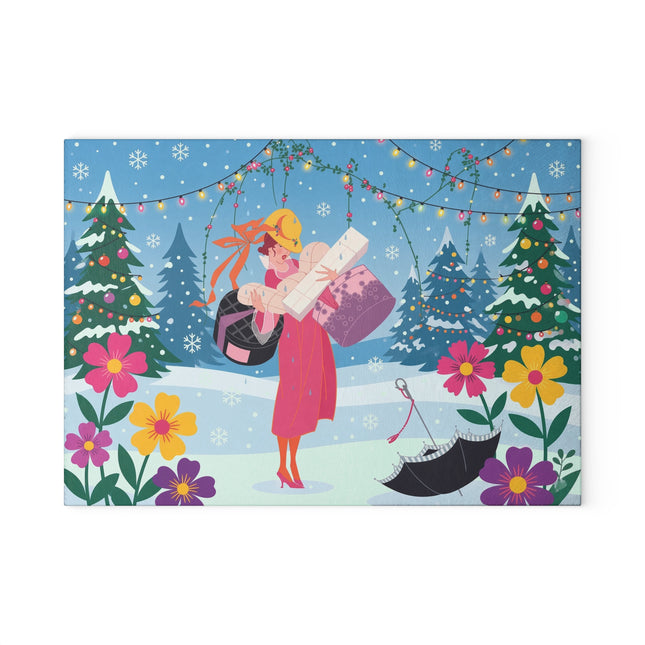 🎁🎄 The Christmas Gift Garden Glass Cutting Board – Whimsical Holiday Fantasy