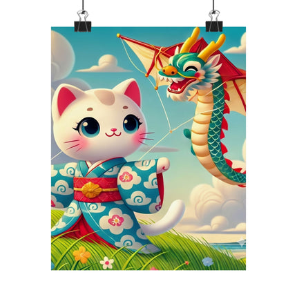 🪁🐉 Geisha Kitten and the Dragon Kite Matte Vertical Poster – Joyful Flight & Dragon Spirit