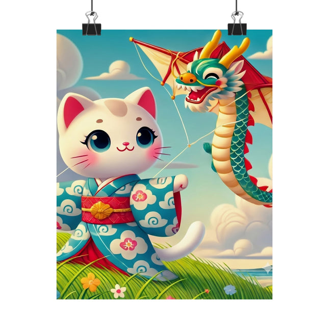 🪁🐉 Geisha Kitten and the Dragon Kite Matte Vertical Poster – Joyful Flight & Dragon Spirit
