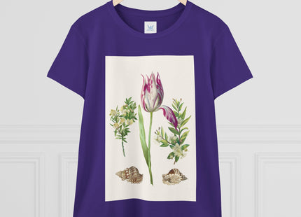 Tulip flower with Two Branches of Myrtle and Shells Cotton Tee