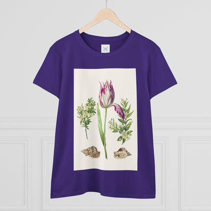 Tulip flower with Two Branches of Myrtle and Shells Cotton Tee