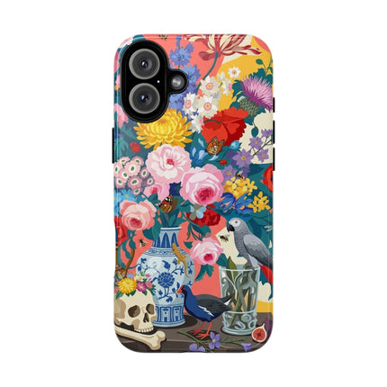 Floral Vanitas Phone Case – Parrot & Porcelain Splendor