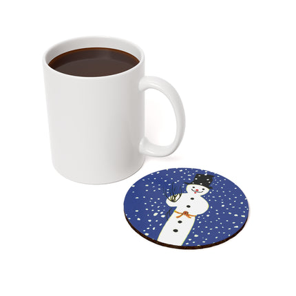 Snowman in Falling Snow Cork Back Coaster