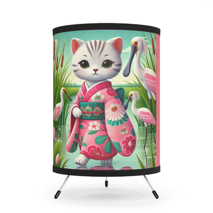 Geisha Kitten Strolls Among the Spoonbills Tripod Lamp