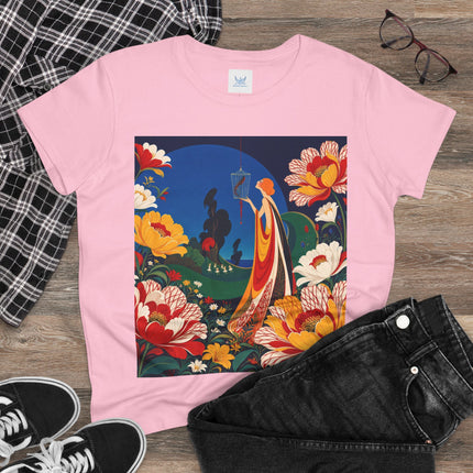 🌺🐦 The Enchanted Birdcage Garden Cotton Tee – Art Deco Floral Fantasy