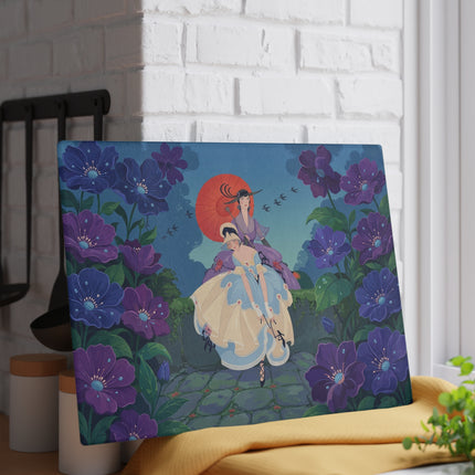 💜🌸 The Lady Of The Violet Garden Glass Cutting Board – Art Deco Floral Elegance