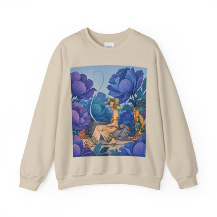 💙🌸 The Lady Among The Blue Blossoms Crewneck Sweatshirt – Art Deco Floral Reverie