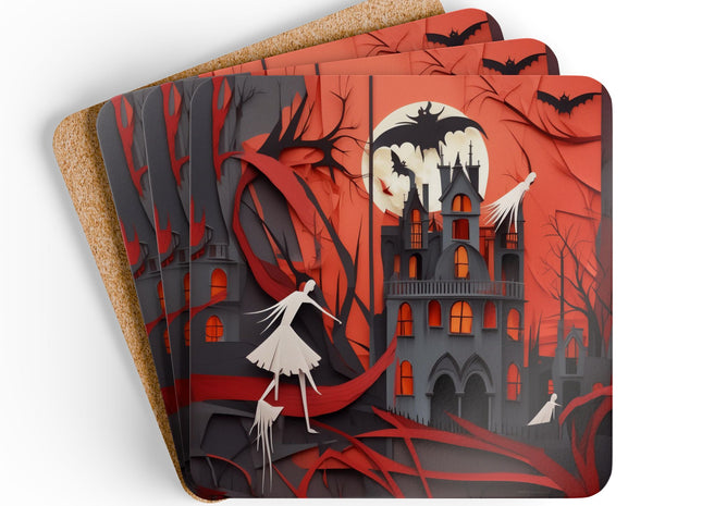 Halloween Night Scene Corkwood Coaster Set
