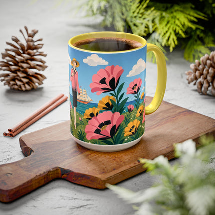 🌸⛵ The Seaside Blossom Promenade Colorful Mug – Art Deco Coastal Elegance