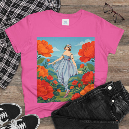 🌺🩵 The Poppy Hill Promenade Cotton Tee – Art Deco Fashion Whimsy