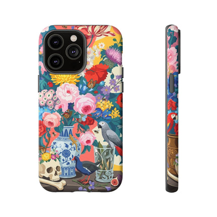 Floral Vanitas Phone Case – Parrot & Porcelain Splendor
