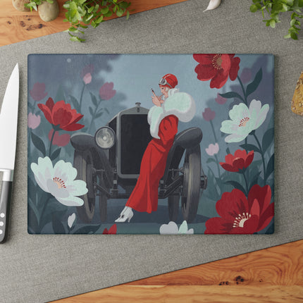 🚗🌺 The Lady Of The Scarlet Roadster Glass Cutting Board – Art Deco Motoring Elegance