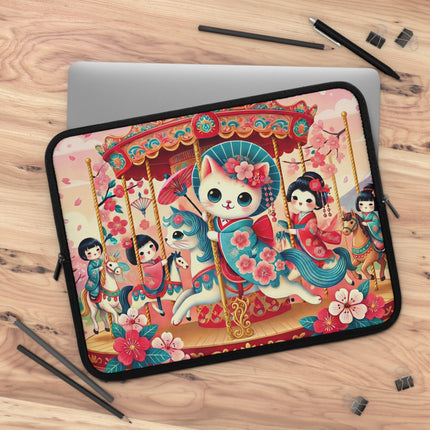 Geisha Kitten's Enchanted Carousel Laptop Sleeve – Whimsical Dreams & Cherry Blossom Magic