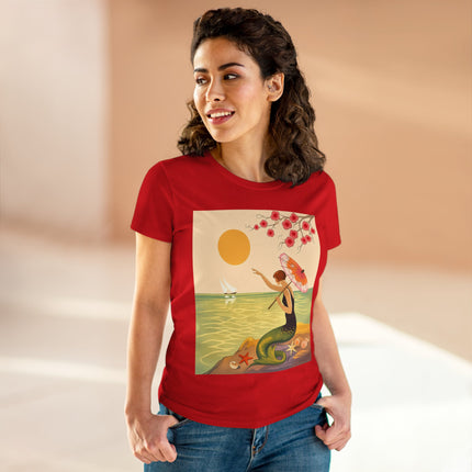 🧜‍♀️🌸 The Mermaid Beneath The Blossoms Cotton Tee – Art Deco Seaside Fantasy
