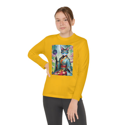 Cyberpunk Geisha Youth Long Sleeve Competitor Tee – Neon Elegance & Futuristic Fantasy