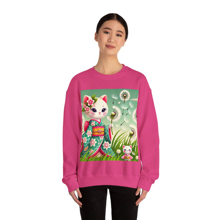 Geisha Kitten and the Dandelion Wish Heavy Blend™ Crewneck Sweatshirt