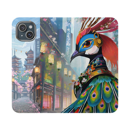 🦚🌸 Techno Plumes Peacock Flip Case – Neon Elegance & Sakura Dreams