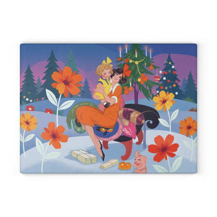 🎄🌸 Christmas Morning Embrace Glass Cutting Board – Whimsical Holiday Fantasy