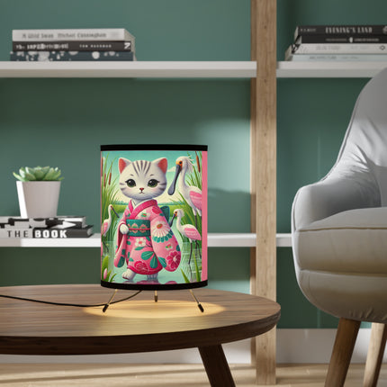 Geisha Kitten Strolls Among the Spoonbills Tripod Lamp