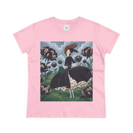 ❤️🌺 The Scarlet Parasol Garden Cotton Tee – Art Deco Floral Elegance