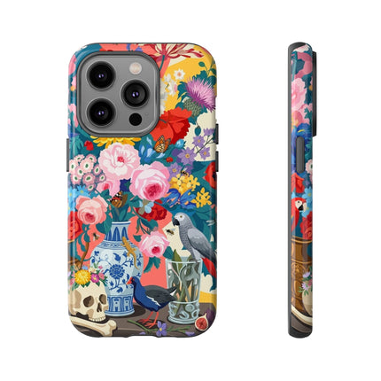 Floral Vanitas Phone Case – Parrot & Porcelain Splendor