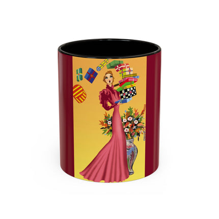 Elegant Holiday Woman with Gifts Colorful Mugs (11oz, 15oz)