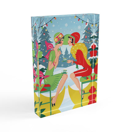 ☕🎄 Christmas Tea In The Snow Garden Acrylic Art Block – Art Deco Holiday Friendship