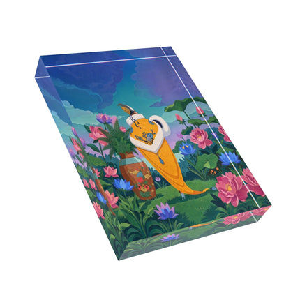 🪷✨ The Lady Of The Golden Lotus Stroll Acrylic Art Block – Art Deco Floral Elegance