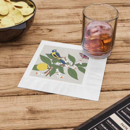 Blue Tit & Butterfly White Coined Napkins – Spring Harmony & Delicate Beauty