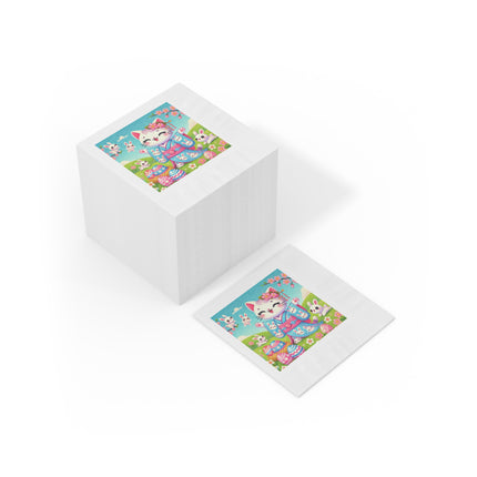 Springtime Kitten’s Easter Joy White Coined Napkins