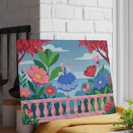 🌸💙 The Lady Of The Garden Terrace Glass Cutting Board – Art Deco Floral Fashion Elegance