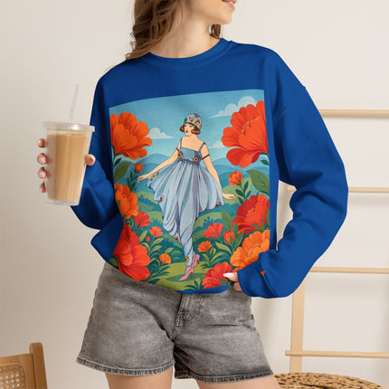 🌺🩵 The Poppy Hill Promenade Crewneck Sweatshirt – Art Deco Fashion Whimsy